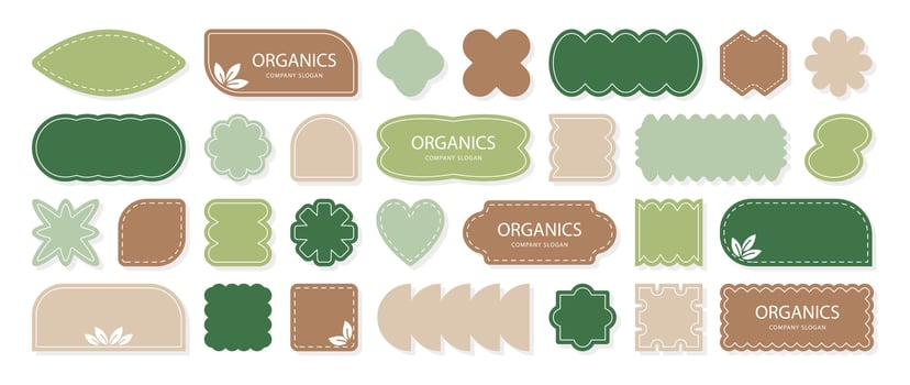 Set of geometric sticker badges vector. Organic banner collection of contemporary figure, heart, flower, jigsaw, polygon . Eco friendly design for signs, tags, packaging, logo labels, stamp, patches. vector