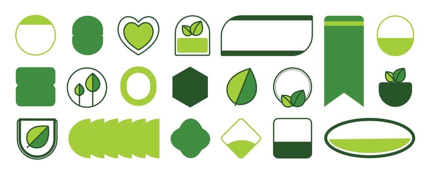 Set of geometric sticker badges vector. Organic banner collection of contemporary figure, foliage, heart, circle, square. Eco friendly design for sign, tag, packaging, logo label, stamp, patches. vector