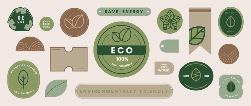 Set of geometric sticker badges vector. Organic banner collection of contemporary figure, foliage, circle, square, polygon. Eco friendly design for sign, tag, packaging, logo label, stamp, patches. vector