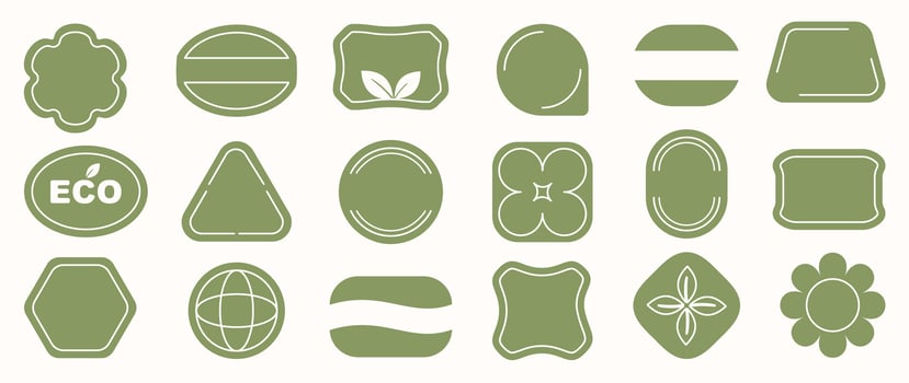 Set of geometric sticker badges vector. Organic banner collection of contemporary figure, leaf, earth, flower, circle. Eco friendly design for sign, tag, packaging, logo label, stamp, patches. vector