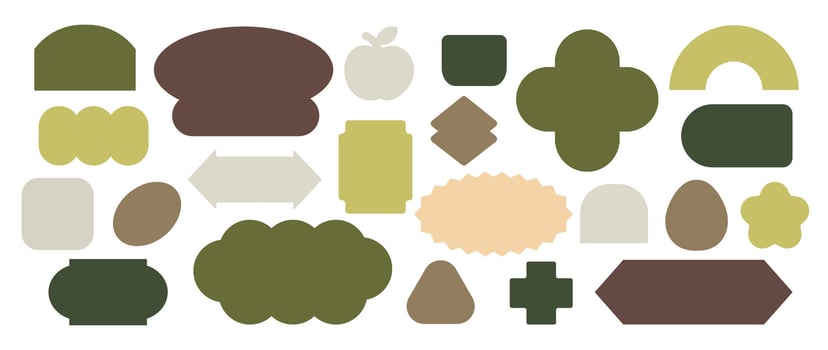 Set of geometric sticker badges vector. Organic banner collection of contemporary figure, apple. arrow, flower, plus, vase. Eco friendly design for sign, tag, packaging, logo label, stamp, patches. vector