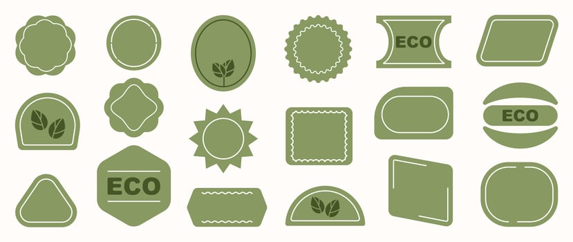 Set of geometric sticker badges vector. Organic banner collection of contemporary figure, leaf, flower, circle, sun. Eco friendly design for sign, tag, packaging, logo label, stamp, patches. vector