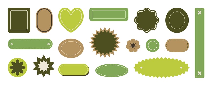 Set of geometric sticker badges vector. Organic banner collection of contemporary figure, flower, heart, square, circle. Eco friendly design for sign, tag, packaging, logo label, stamp, patches. vector