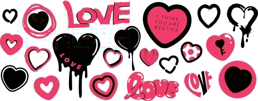 Set of spray paint valentine element vector. Hand drawn graffiti texture style collection of heart in black and pink color. Romance design illustration for print, cartoon, card, decoration, sticker. vector