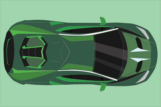 Top view green sports car isolated. Realistic transportation. Modern urban sport vehicle. View from a bird's eye view. Realistic car design. Flat style vector illustration.