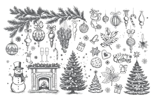 Christmas set in sketch style. Hand drawn illustration. vector