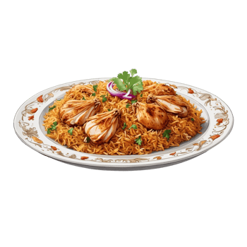 AI generated a top view shot of your Chicken Biryani served in a pristine white plate Pro PNG