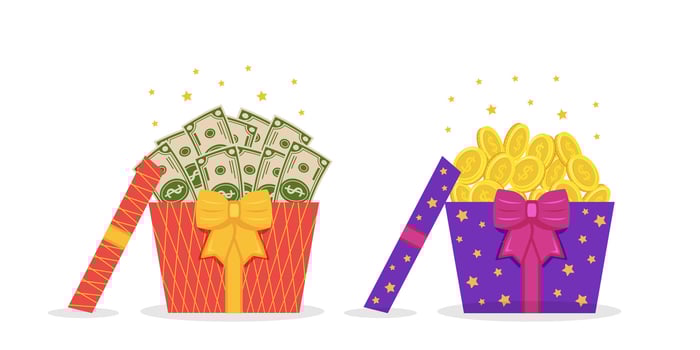 Gift boxes with money and coins. Open gift boxes with surprises. Concept of loyalty program, get rewards, money prize reward, big win, bonus, prize. vector