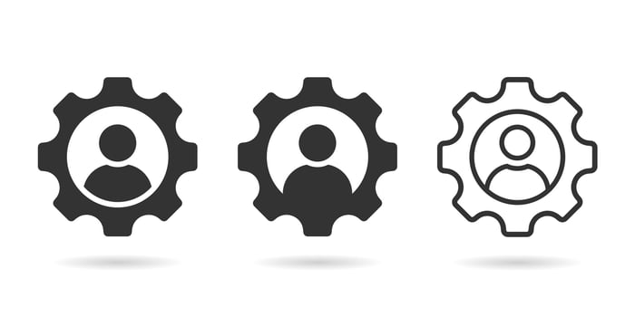 Man in gear icon. Man and cog sign. Manager black icon Flat vector illustration.