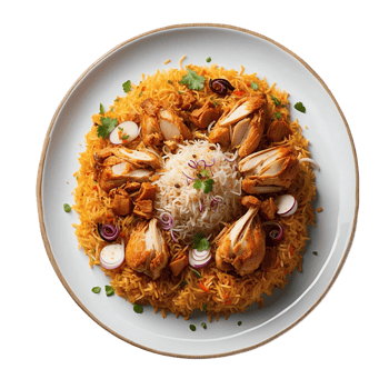 AI generated a top view photograph of a tantalizing Chicken Biryani served on a traditional plate Pro PNG