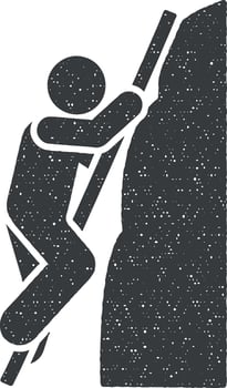 Adventure man mountain climbing icon vector illustration in stamp style
