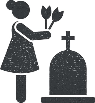 Woman dead funeral sorrow flower icon vector illustration in stamp style