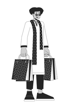 Ethnic kurta latino man holding gift bags black and white 2D line cartoon character. Hispanic guy isolated vector outline person. Hindu festival lights Deepawali monochromatic flat spot illustration