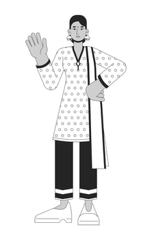 Traditional indian ethnic wear woman waving black and white 2D line cartoon character. Hindu beautiful isolated vector outline person. Festival of lights Deepawali monochromatic flat spot illustration