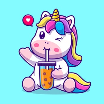 Cute Unicorn Drink Boba Milk Tea Cartoon Vector Icon Illustration. Animal Drink Icon Concept Isolated Premium Vector. Flat Cartoon Style