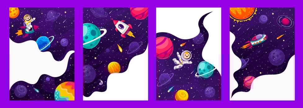 Space posters, banners, cartoon galaxy landscapes vector