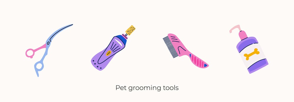 Vector cliparts set of pet grooming tools. Curved scissors, nail grinder, flea comb and coat conditioner. Equipment for professional groomers in flat trendy colorful style