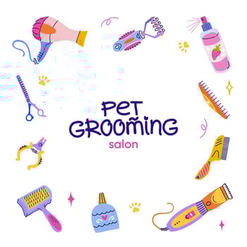 Pet grooming social media template with handwritten typography. Instagram square post design with text space. Dog and cat grooming equipment. Vector frame in flat vibrant style