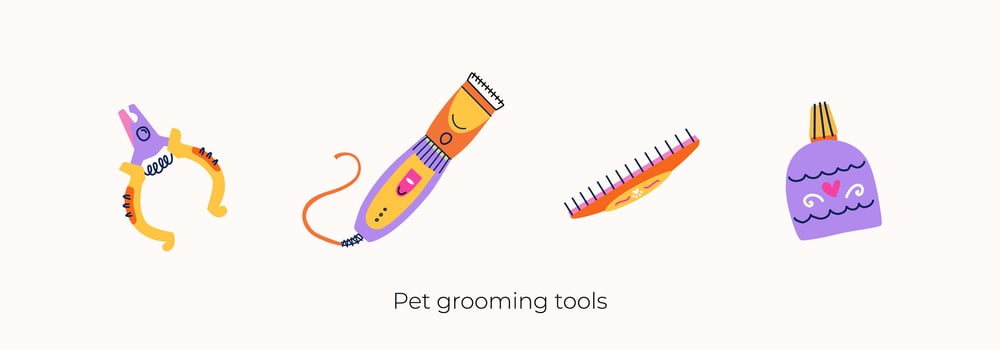 Vector cliparts set of pet grooming tools. Nail clippers, hair clipper, comb and conditioner bottle. Equipment for professional groomers in flat trendy colorful style