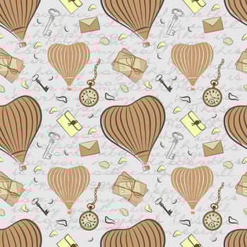 Vintage seamless pattern in romantic style. Soft, delicate colors. Hot air balloon, watch, keys, envelope, letter. vector