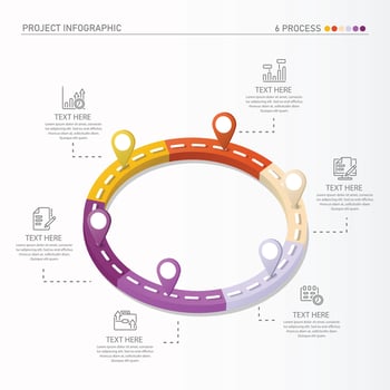 3D Road way infographic circle of 6 steps and business icons for finance process steps. vector