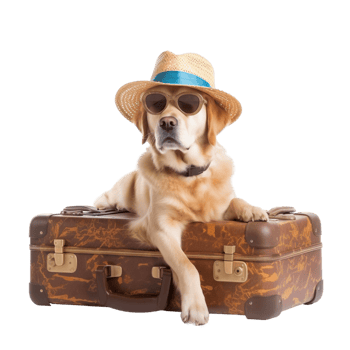 AI generated Traveling golden retriever with hat and sunglasses in suitcase isolated on transparent background, created with generative AI png
