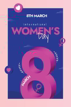 International Women's Day, 8th March Women's day celebration story post in dark purple colour with number 8 icon in pink colour, girl symbol and hearts icon . Invest in women Accelerate progress. vector