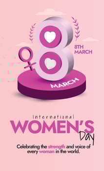 International Women's day. 8th March International Women's day celebration story social media post, banner in pink colour, simple and decent card, post concept. Number 8 with hearts and women symbol vector