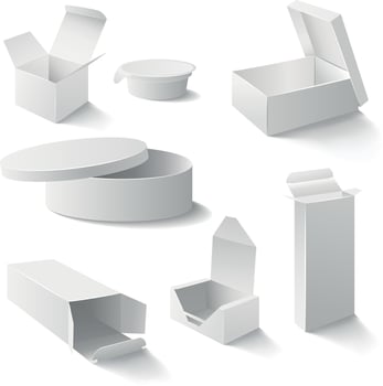 Five white boxes isolated on white. Vector illustration
