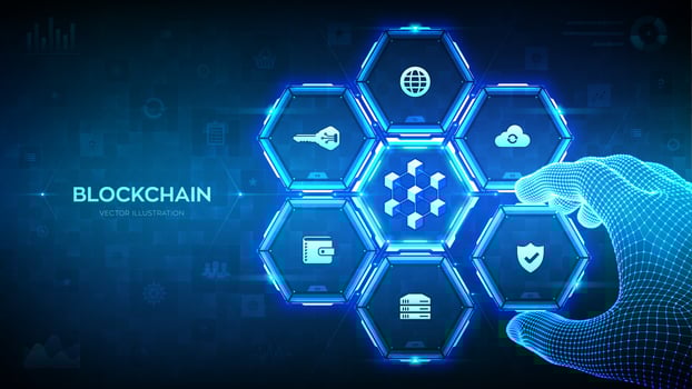 Blockchain technology. Decentralized network. Fintech cryptocurrency. Information blocks in cyberspace. Wireframe hand places an element into a composition visualizing Block chain. Vector illustration