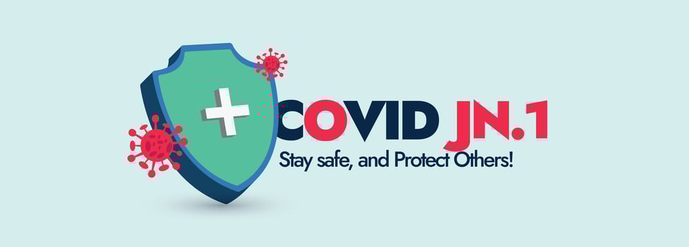 Covid-19 new variant JN.1. Coronavirus new variant JN.1 announcement and awareness cover social media banner with a shield sign and Covid cells icon. Stay safe and protect others. JN.1 new variant vector
