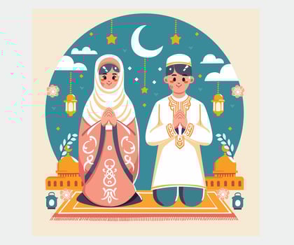Ramadan Kareem Greeting Celebration with Muslim Characters vector