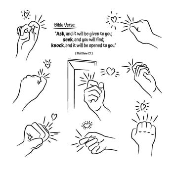 A set of simple line illustrations of a hand knocking on the door vector