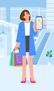 Fashionable Woman at mall show Online mobile app on phone shopping clothing store shop vector