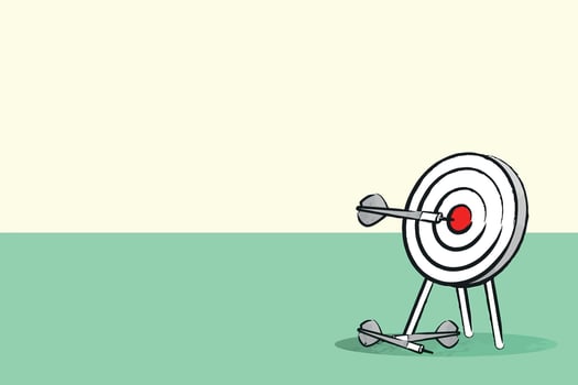 Goal setting arrow was shot bullseye to archery target board. Archery sport equipment concept graphic vector illustration