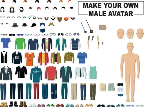 Make Your Own Male avatar collection in vector flat design ages, clothing and hair styles.