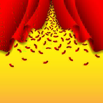 Red ribbon fall from red curtain on yellow background vector