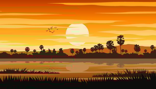Thai rural life and pond on sunset time with palm tree vector
