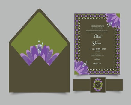 Floral wedding invitation set template in Spring theme. Set of three invitation stationeries including a card, envelope and a sticker with bellyband vector