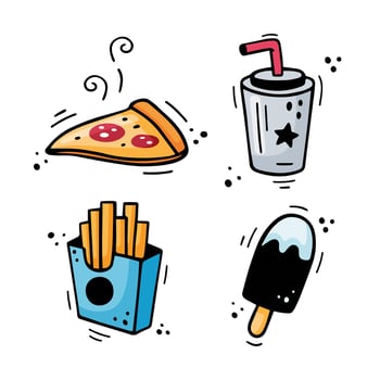 Fast food icons set - Pizza, French fries, paper cup with drink, Ice cream. Hand drawn fast food combo. Comic doodle style. Colorful snacks drawn with felt tip pen. Vector illustration