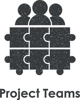 project team, puzzle, group vector icon illustration with stamp effect