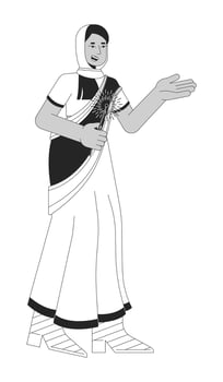 Islamic hijab smiling woman with bengal light black and white 2D line cartoon character. Young adult isolated vector outline person. Hindu festival of lights monochromatic flat spot illustration