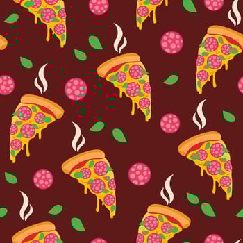 Seamless pattern with juicy slice of pepperoni pizza. Vector graphic.
