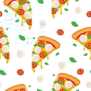 Seamless pattern with juicy slice of margherita pizza. Vector graphic.