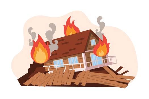Destroyed house in a fire, burning house in fire and smoke. Hurricane, tornado, earthquake. The concept of natural disasters. Illustration, vector