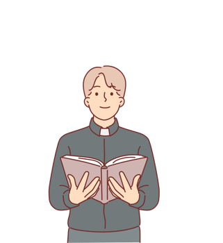Man priest reads gospel for christian catholics with smile training to become church employee. Young guy, novice of protestant church with bible in hands, admires stars of universe png