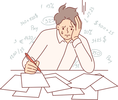 Bankrupt businessman crying because of financial problems, sitting at table with documents and tax receipts. Bankrupt man became victim economic crisis and restrictions on right to repurchase mortgage png