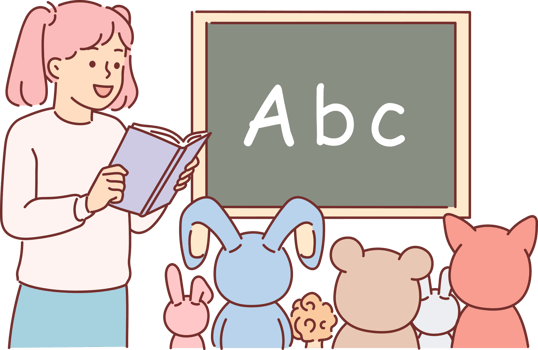 Little girl plays school teacher and reads book to toys sitting near blackboard with alphabet. Funny schoolgirl dreams of becoming teacher when she grows up to teach pre-teen children png