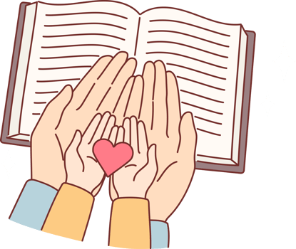 Hands of child and mother over bible with christian prayers, as metaphor for religious education for children. Caring parent reads bible with son and holds heart symbolizing kindness. png
