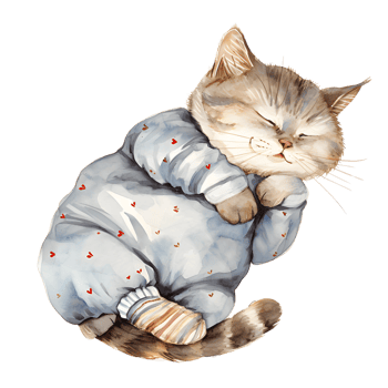 AI generated A charming watercolor illustration featuring a snug cat adorned in pajamas, peacefully curled up for a nap, creating a heartwarming and cozy scene. png